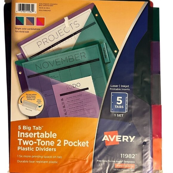 NEW 3 Avery 11982 5 Big Tab Insertable Two-Toned 2 Pocket Dividers - Picture 1 of 2
